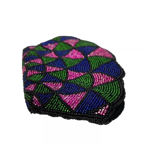 Vintage 80's Neiman Marcus Hand Beaded Shell Shaped Geometric Clutch With Zipper - Picture 6 of 11
